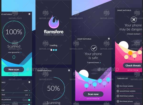 鲜有的移动安全应用 UI 套件 Flamsfere – Mobile Antivirus App Ui kit