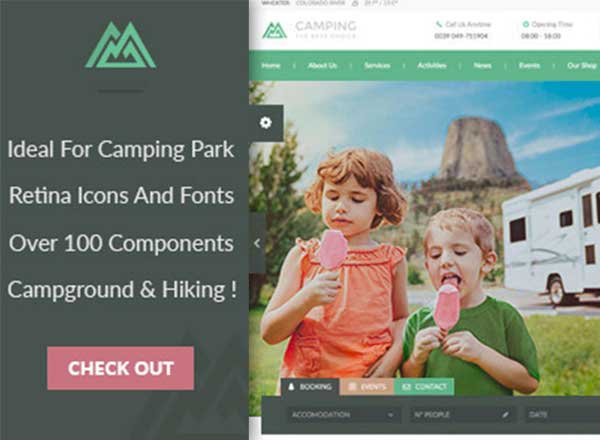 旅行、运动适用 WordPress 主题 Camping Village – Campground Caravan & Hiking Tent Accommodation WP