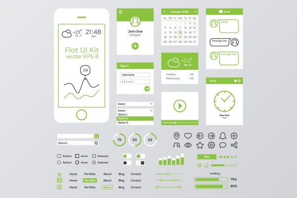 绿白配色扁平设计风格移动Web用户界面工具包 Green & White Flat Mobile Web UI Kit