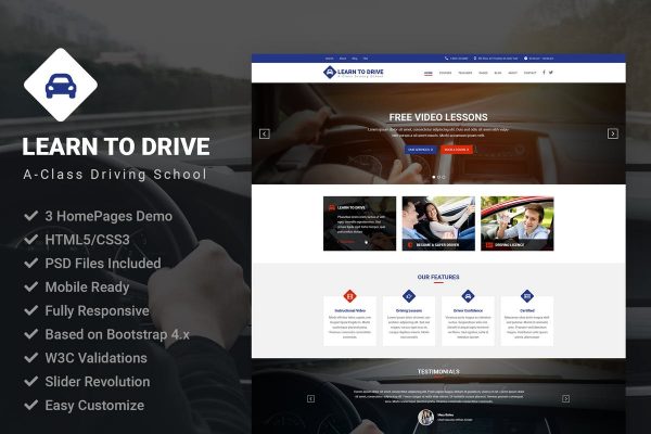 驾驶培训驾校网站设计模板 LearnToDrive | Driving School & Lessons Template
