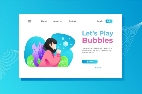 儿童娱乐主题网站着陆页设计矢量插画 Play Bubbles Landing Page Illustration